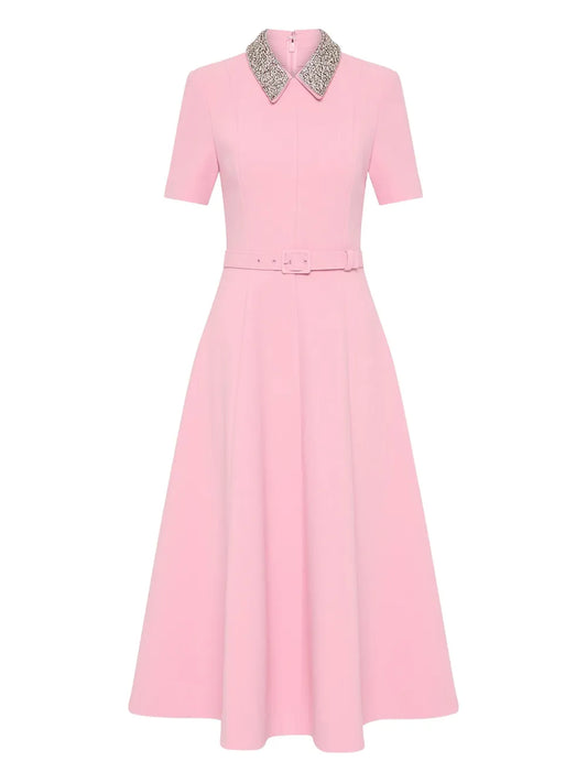 Rebecca Vallance Embellished Collar Belted Dress — Pink — Size XS — Front View