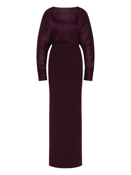 Rebecca Vallance Syrah Pleated Belted Gown — Black — Size XS — Front View
