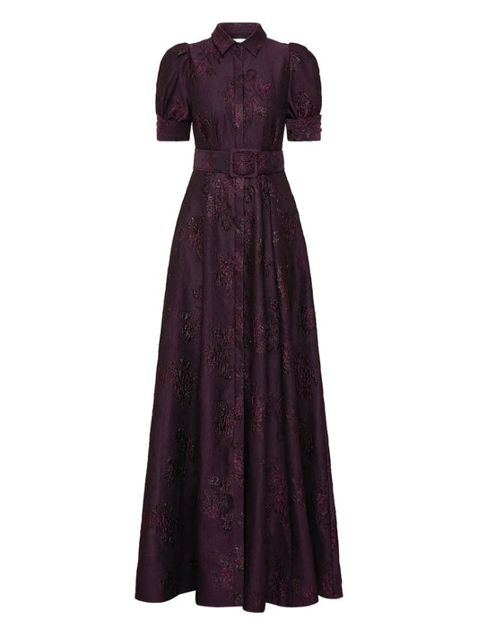 Rebecca Vallance Afina Puff Sleeve Brocade Gown — Red/ Purple — Size XS — Front View