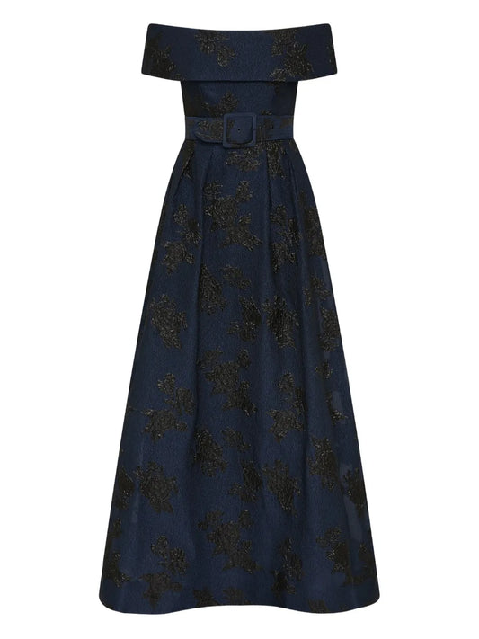 Rebecca Vallance Off Shoulder Floral Pattern Gown — Blue/ Navy — Size XS — Front View