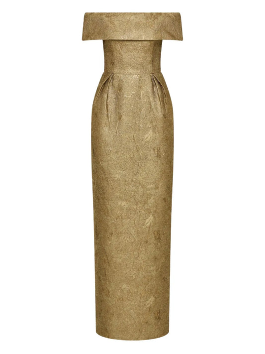 Rebecca Vallance Off Shoulder Brocade Gown — Gold — Size S — Front View