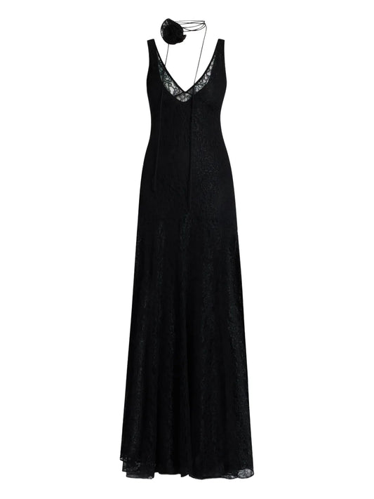De La Vali Lace Overlay V Neck Dress — Black — Size XS — Front View