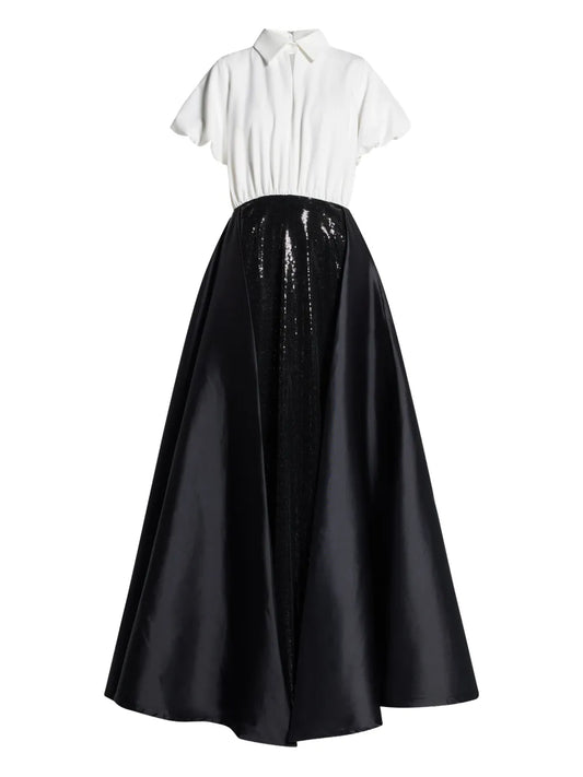 Greta Constantine Champneys Sequin Panel Maxi Dress — Black/ White/ Tan — Size XS — Front View