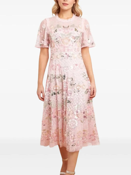 Needle Thread Rosalie Sequin Embellished Midi Dress — Pink — Size XS — Front View