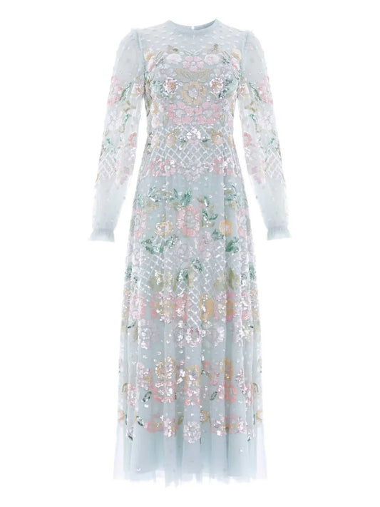 Needle Thread Rosalie Sequin Embellished Floral Dress — Blue — Size XS — Front View