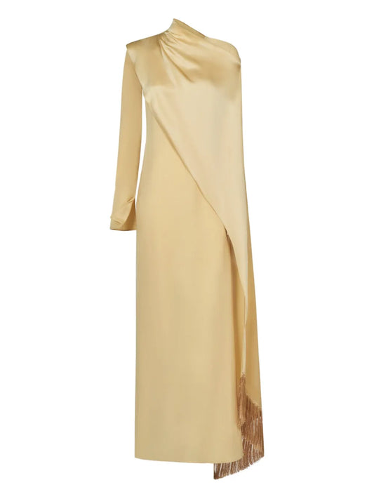 Taller Marmo Mounia Draped Fringe Maxi Dress — Yellow — Size S — Front View