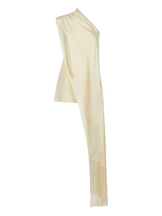 Taller Marmo Berenson Draped Fringe Dress — Ivory — Size M — Front View