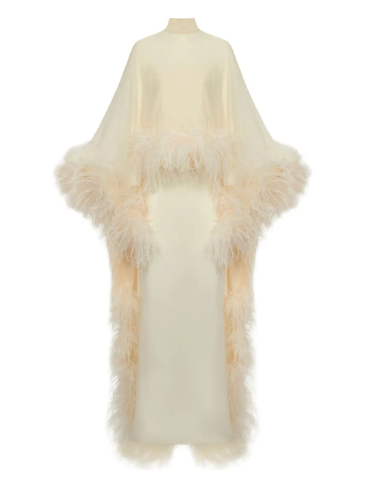 Taller Marmo Feather Embellishment Maxi Dress — Ivory — Size XS — Front View