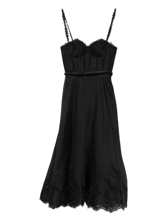 Zimmermann Lace Trimmed Corset Midi Dress — Black/ Red — Size XS — Front View