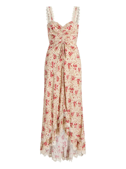 Cinq A Sept Stevie Lace Trimmed Floral Print Maxi Dress — Beige/ Red — Size XS — Front View