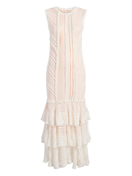 Cinq A Sept Maceio Ruffled Maxi Dress — White/ Red — Size S — Front View