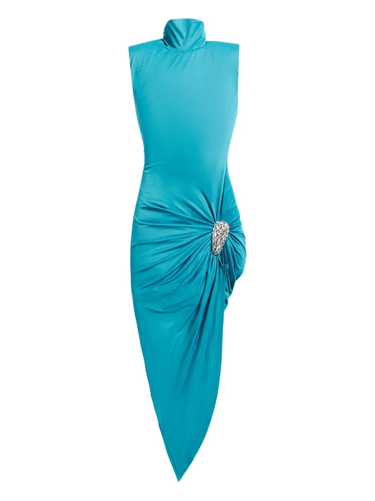 Area Crystal Embellished Draped Midi Dress — Blue — Size XS — Front View