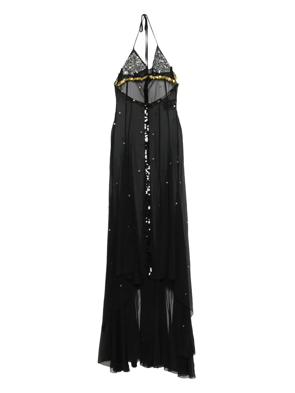 Siedres Vesina Sequin Embellished Halter Neck Maxi Dress — Black/ Gold — Size XS — Front View