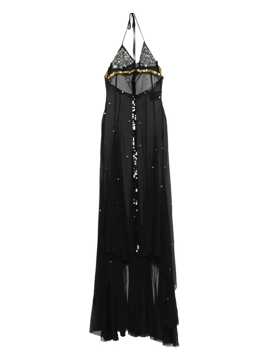 Siedres Vesina Sequin Embellished Halter Neck Maxi Dress — Black/ Gold — Size XS — Front View