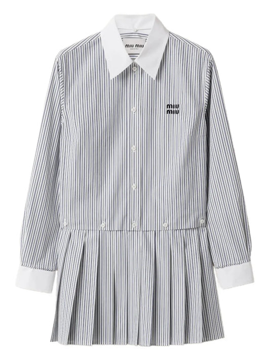Miu Miu Pleated Striped Mini Shirt Dress — White/ Blue/ Navy — Size XS — Front View