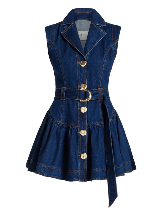 Aje Elena Belted Mini Dress — Blue — Size S — Front View