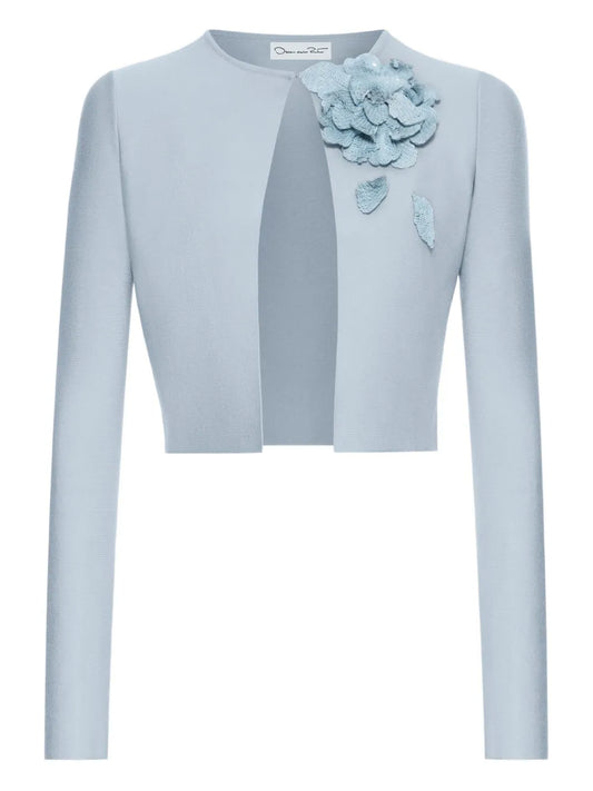 Oscar De La Renta Floral Applique Knit Dress — Blue — Size L — Front View