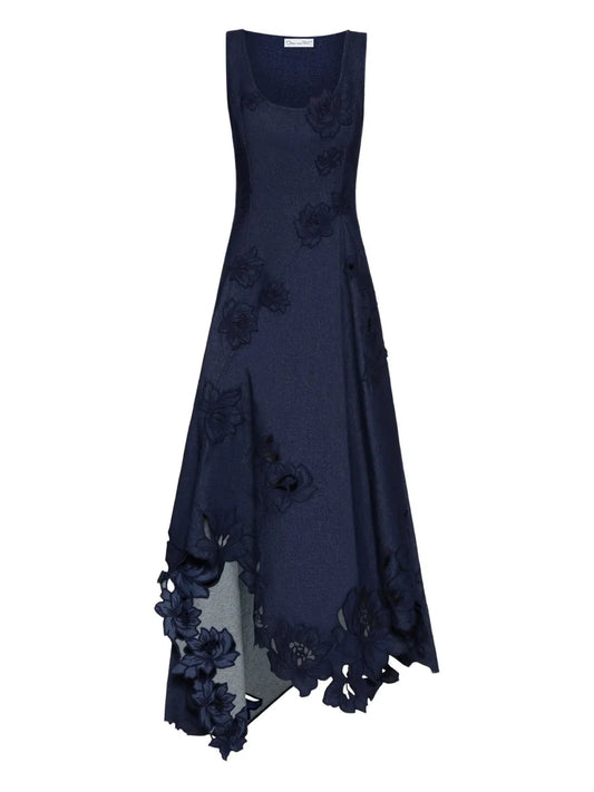 Oscar De La Renta Embroidered Floral Laser Cut Asymmetric Dress — Blue/ Red — Size XS — Front View