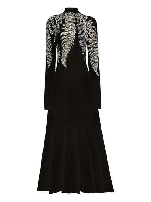 Oscar De La Renta Fern Embellished Midi Dress — Black/ Red — Size XS — Front View