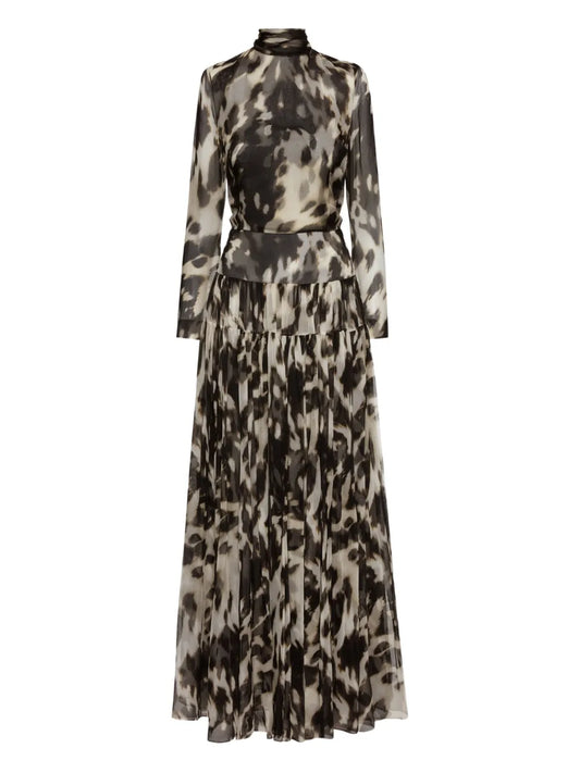 Oscar De La Renta Cowhide Print Pleated Maxi Dress — Black — Size XS — Front View