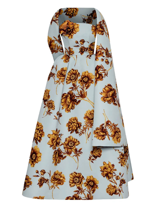 Oscar De La Renta Floral Print Strapless Gown — Blue — Size S — Front View