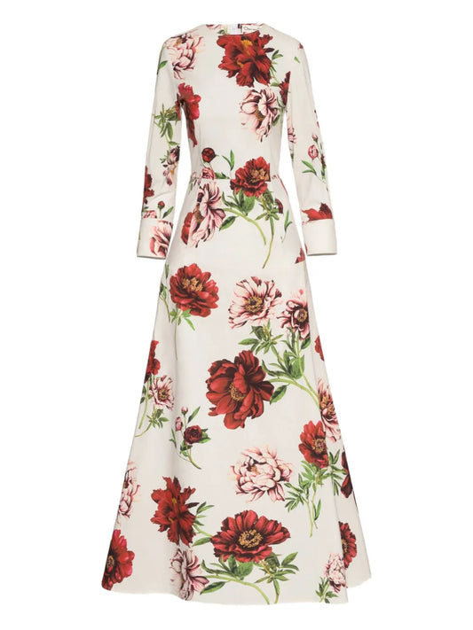 Oscar De La Renta Peony Print Three Quarter Sleeves Maxi Dress — White — Size XS — Front View