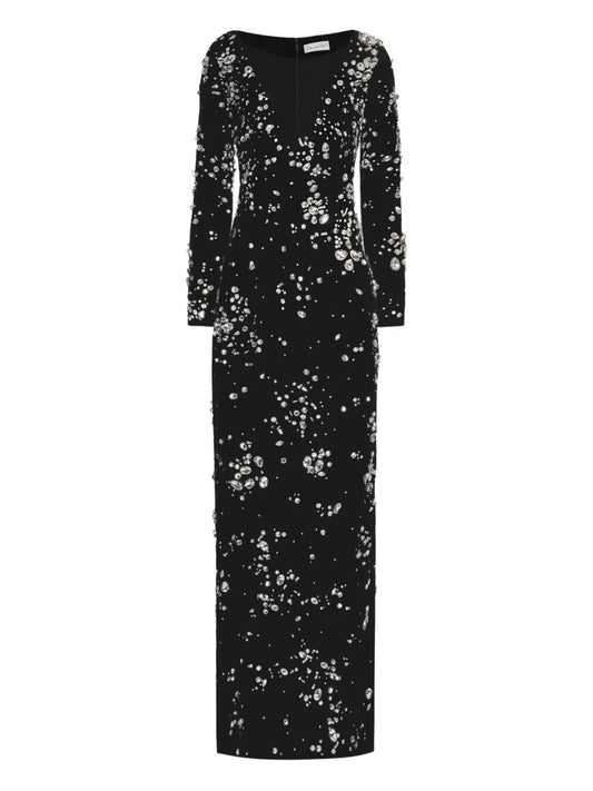 Oscar De La Renta Crystal Embellished Velvet Gown — Black — Size XS — Front View