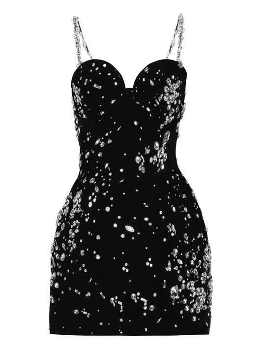 Oscar De La Renta Crystal Embellished Velvet Mini Dress — Black — Size XS — Front View