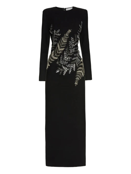 Oscar De La Renta Fern Embroidered Long Sleeve Gown — Black/ Red — Size S — Front View