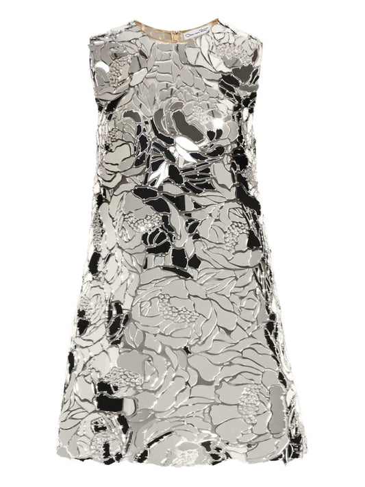 Oscar De La Renta Mirrored Floral Shift Mini Dress — Red/ Silver — Size L — Front View
