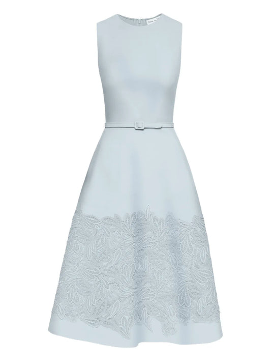 Oscar De La Renta Guipure Lace Midi Dress — Blue — Size S — Front View