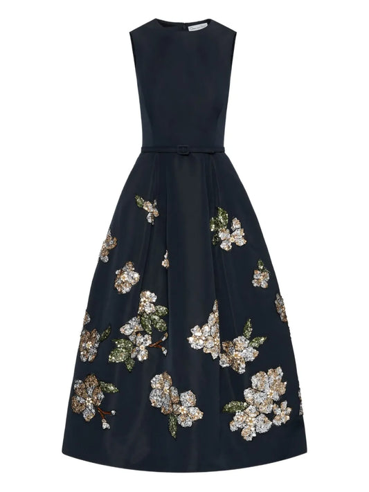 Oscar De La Renta Sequin Embellished Floral Midi Dress — Blue/ Navy — Size XS — Front View