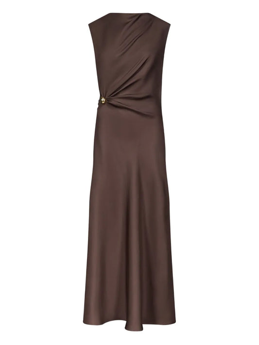 Loulou De Saison Roan Draped Metal Ornament Midi Dress — Brown/ Red/ Gold — Size M — Front View