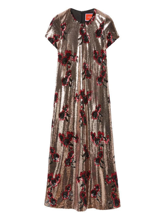 La Doublej Sequin Floral Midi Day Dress — Brown — Size M — Front View