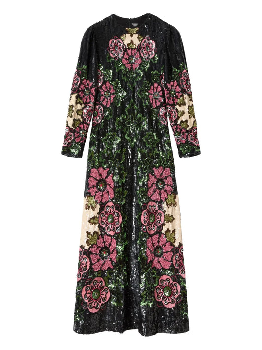 La Doublej Sequin Embroidery Floral Pattern Maxi Dress — Black — Size XS — Front View