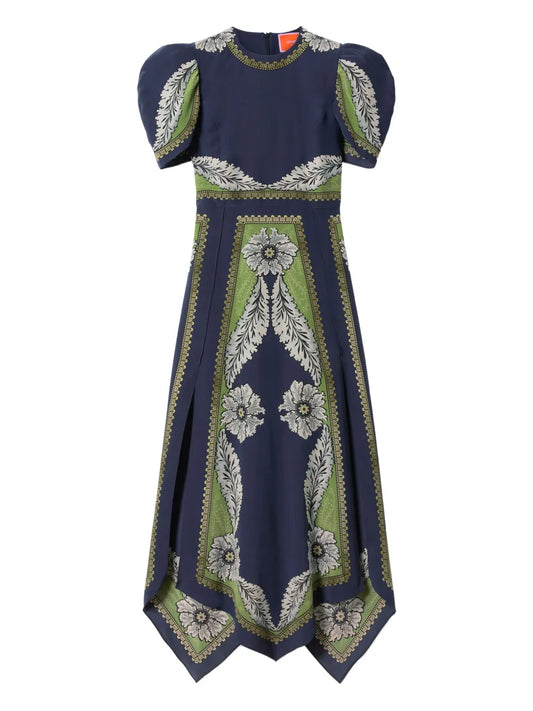 La Doublej Cherry Puff Sleeve Dress — Blue/ Navy — Size XS — Front View