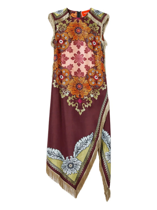 La Doublej Floral Print Fringe Asymmetric Day Dress — Brown — Size XS — Front View