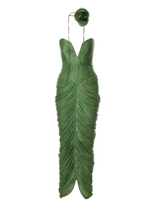Ana Radu Rose Embellished Draped Midi Dress — Green — Size XS — Front View