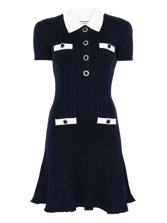 Self Portrait Collared Button Detail Mini Dress — Blue/ Red — Size XS — Front View