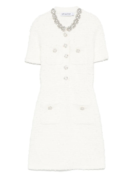 Self Portrait Embellished Button Detailed Mini Dress — Cream — Size XS — Front View