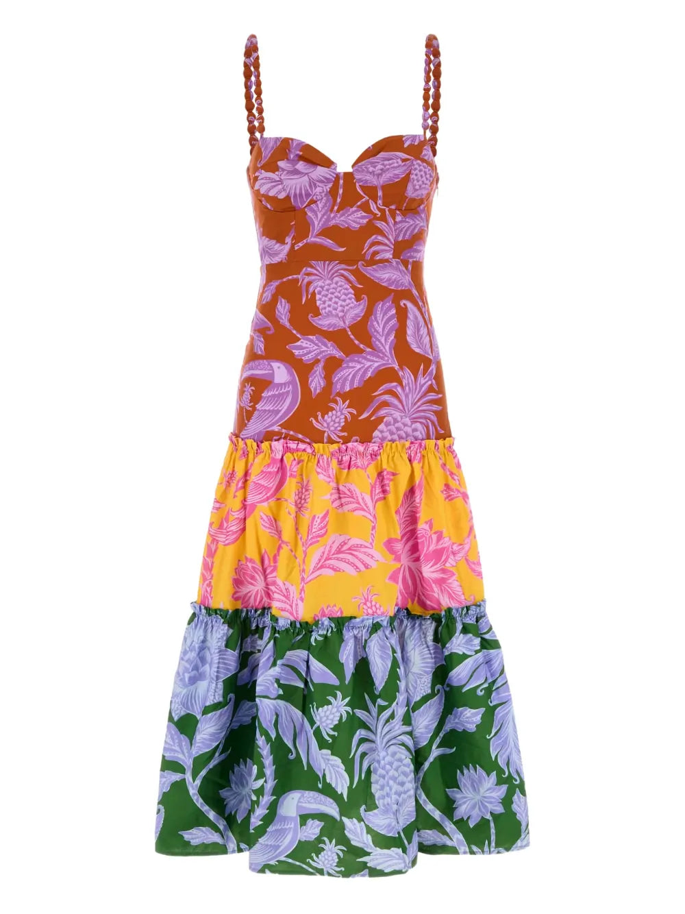Farm Rio Tropical Print Tiered Midi Dress — Red/ Orange — Size S — Front View