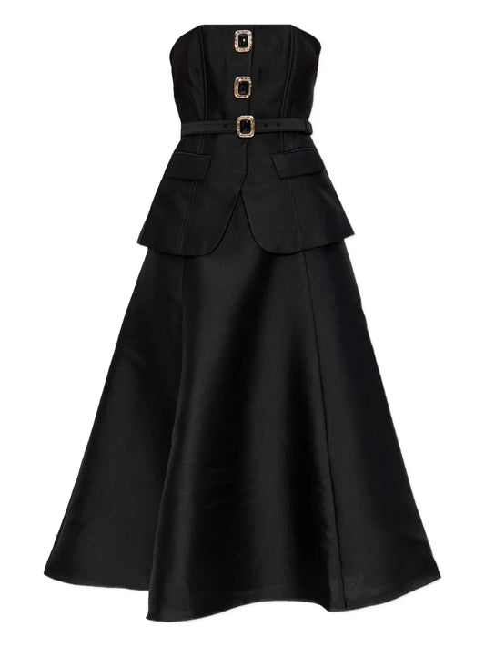 Self Portrait Belted Buckle Detail Dress — Black/ Red — Size S — Front View
