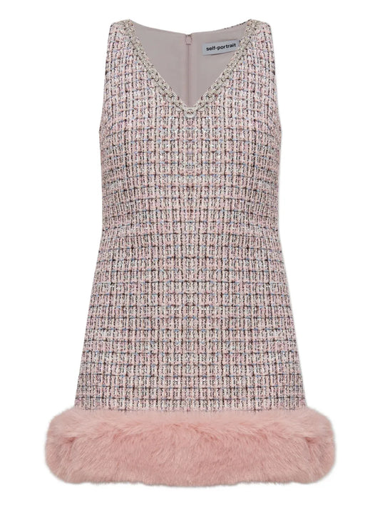 Self Portrait Embellished Fur Trimmed Dress — Pink — Size S — Front View