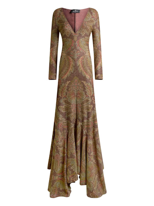 Etro Paisley Print Ruffled Dress — Brown — Size XS — Front View