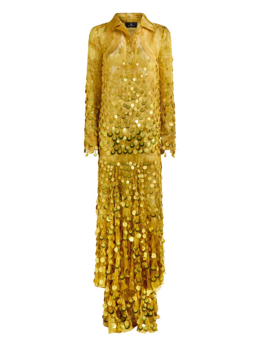 Etro Sequin Embellished Silk Dress — Yellow/ Gold — Size XS — Front View
