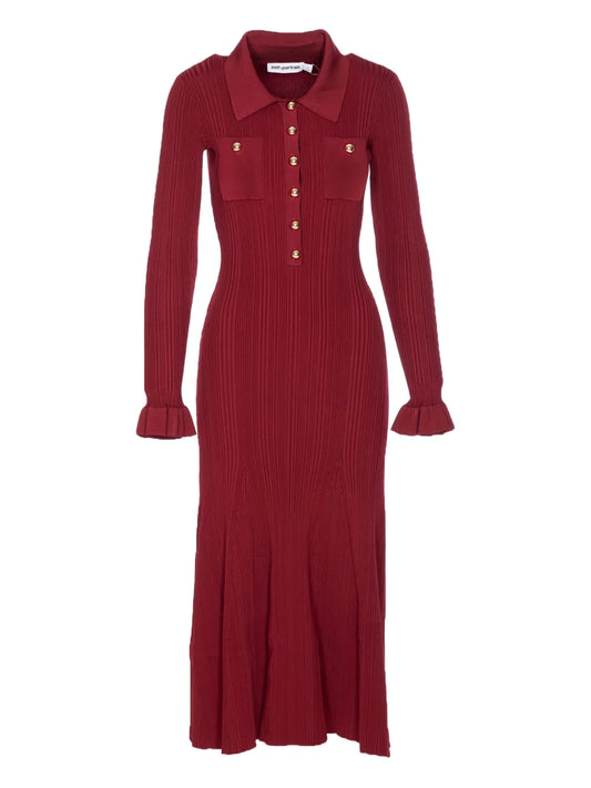 Self Portrait Ribbed Button Front Dress — Red — Size XS — Front View