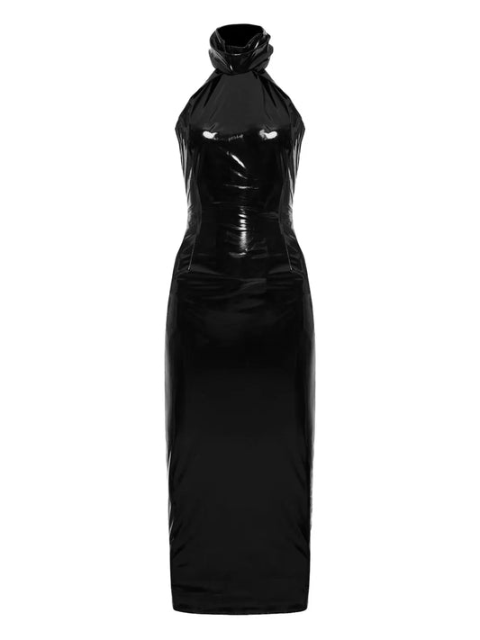 Lika High Neck Open Back Midi Dress — Black — Size L — Front View