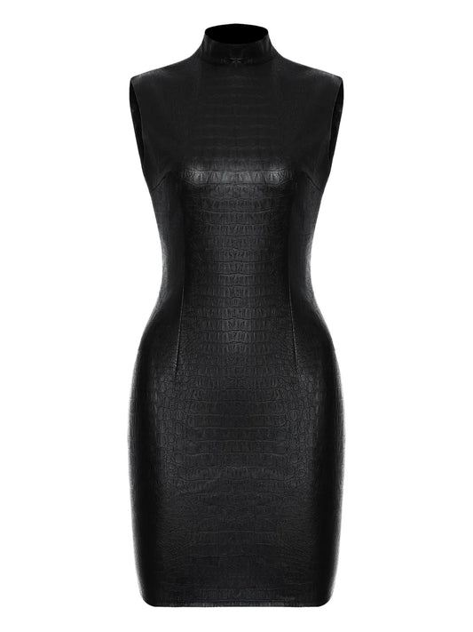 Lika High Neck Crocodile Effect Mini Dress — Black — Size S — Front View