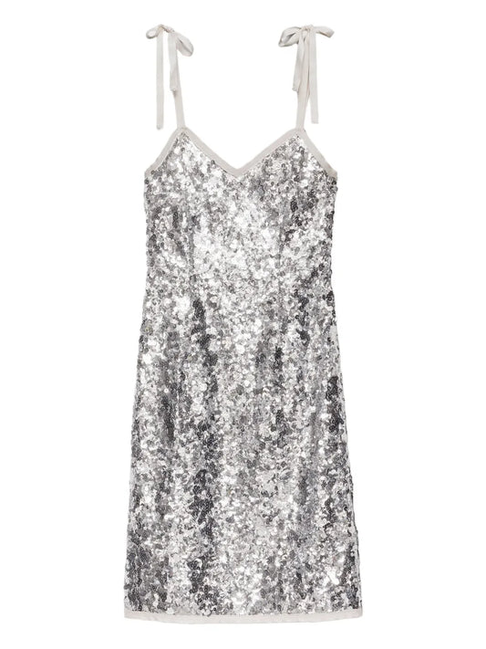 Prada Ribbon Strap Sequinned Dress — Silver — Size M — Front View