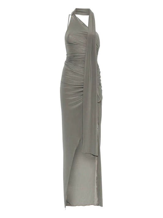 Atu Body Couture One Shoulder Side Split Midi Dress — Grey — Size XS — Front View